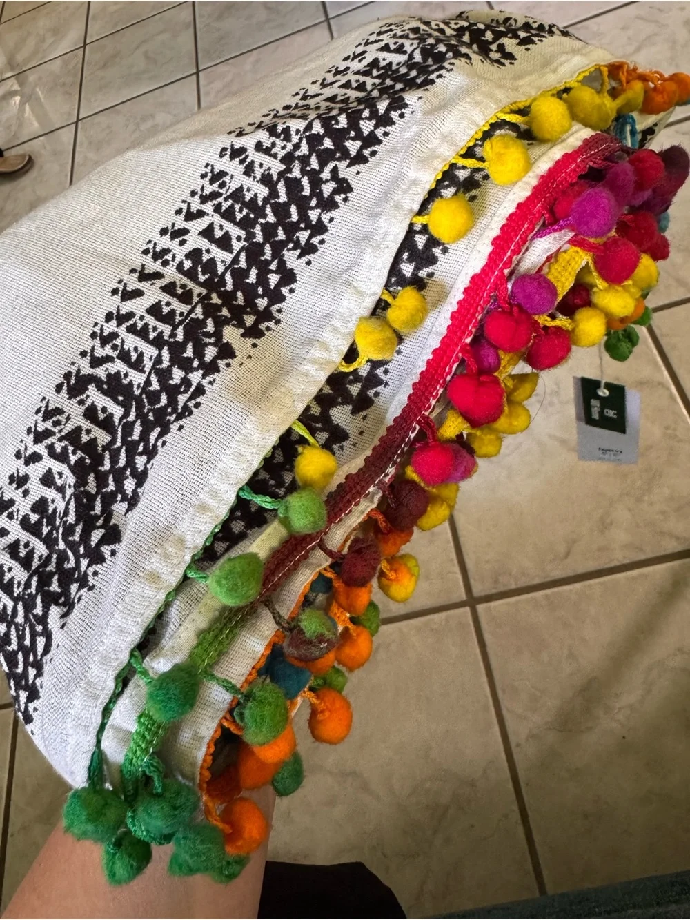 Urban Outfitters Boho Black/White Floral Mandala Tapestry w/ Pom Poms
